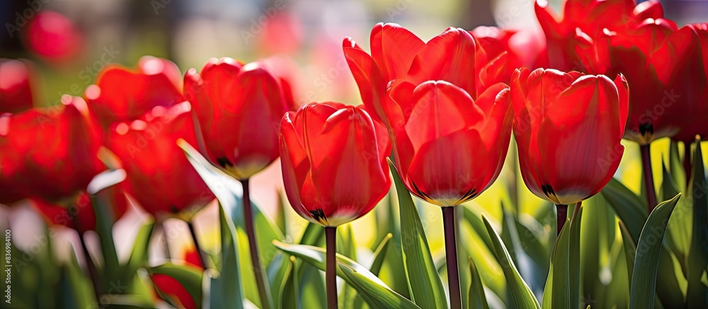 Poster vibrant red tulips blooming in the garden create a picturesque scene with a colorful display, perfec