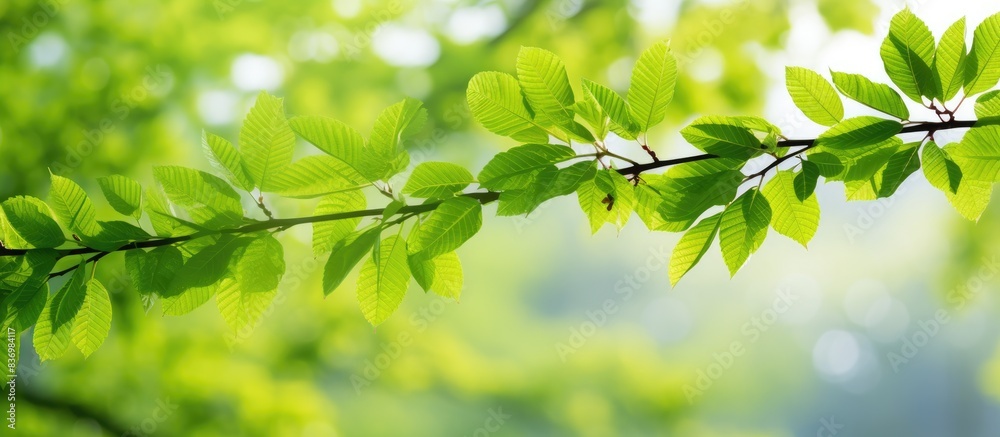 Poster Close-up view of green tree leaves in a landscape with copy space image available.