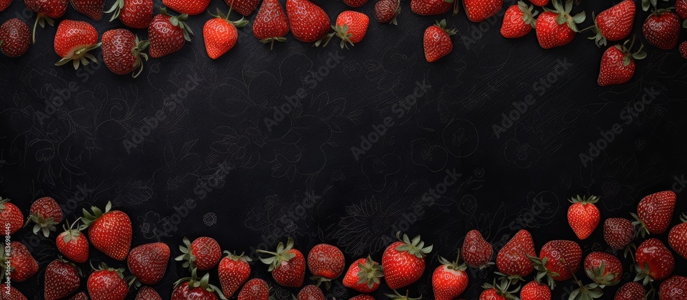 Aufkleber Top-down view of a strawberry-patterned black table with empty space for text or visuals in the center; perfect for a copy space image.