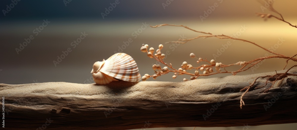 Poster Seashore scene with two shells on a tree branch in the sand, creating a tranquil copy space image.
