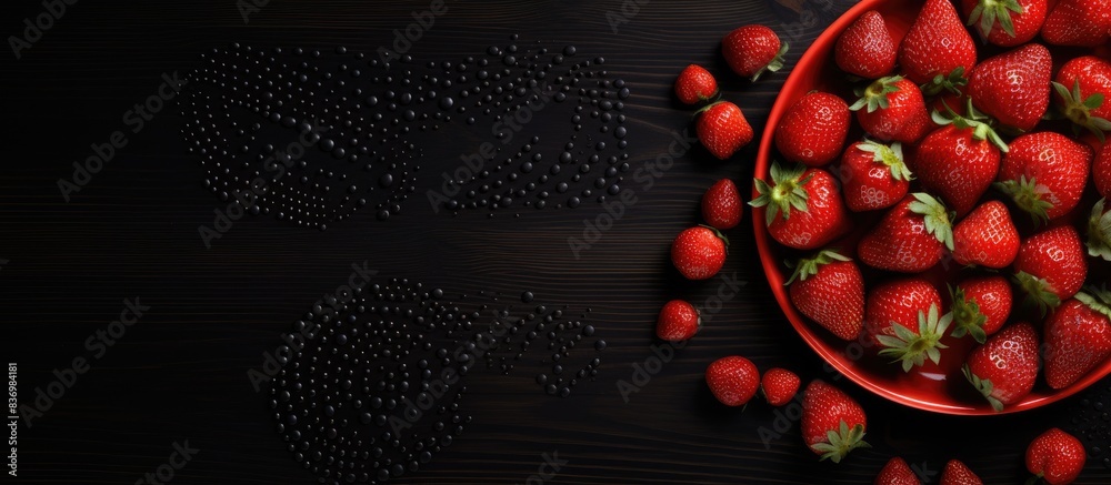 Poster Top-down view of a strawberry-patterned black table with empty space for text or visuals in the center; perfect for a copy space image.