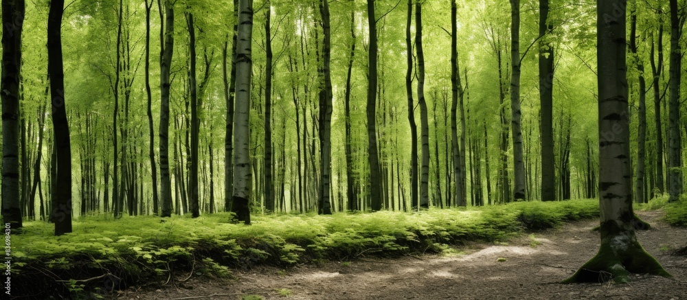 Aufkleber Forest scene with tall tree trunks devoid of branches, offering an ideal copy space image.