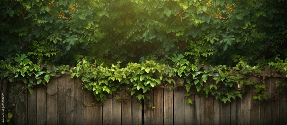 Poster a fence covered with ivy, providing a charming backdrop for the copy space image.