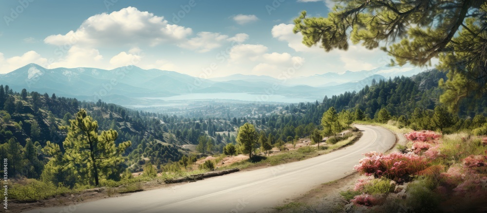 Poster spring in the troodos mountains, a scenic country lane with a view of valleys and countryside, perfe