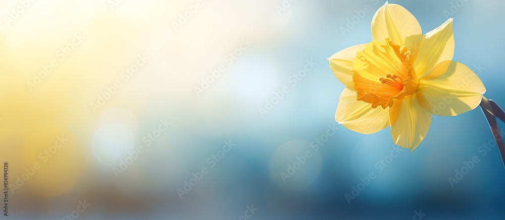 Poster yellow double daffodil flower blooming against a blurry background on a sunny day, symbolizing the a