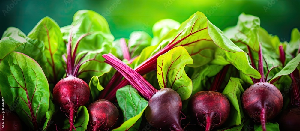 Poster beetroot leaves in the garden with beetroots grown for edible roots and colorful salad leaves, featu