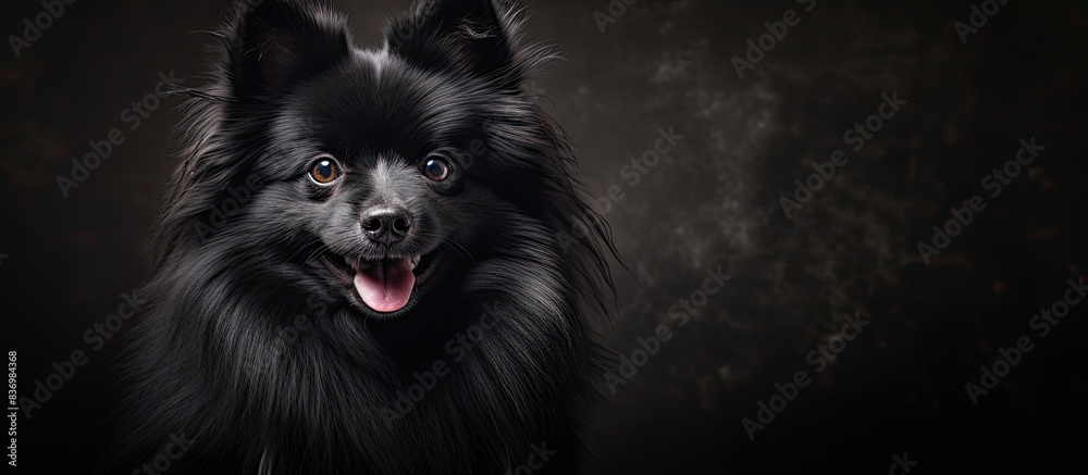 Poster a black spitz dog featured in a close-up portrait with copy space image.