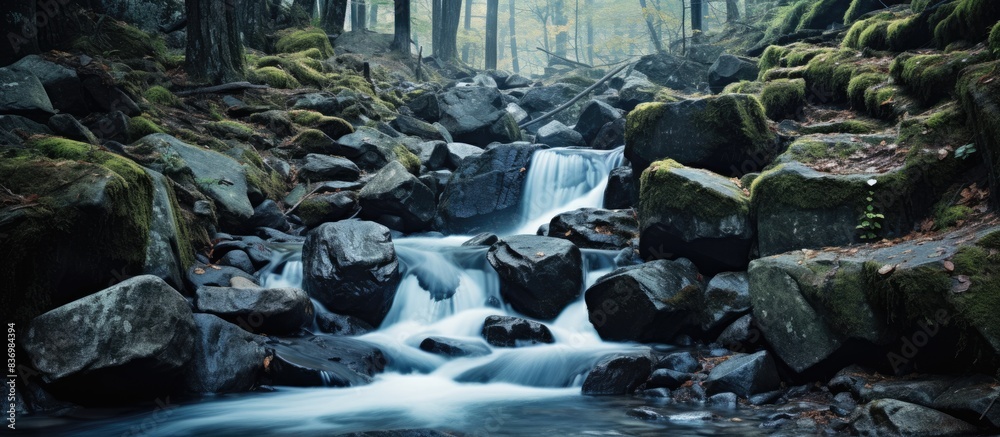 Aufkleber Water cascading through rocky terrain in a forest setting with copy space image available.
