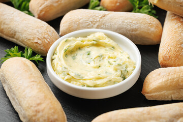 Stone baked ciabatta bread sticks with creamy garlic butter dip.