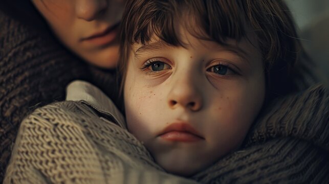 A mother holds her child snugly wrapped in a blanket, conveying warmth and comfort