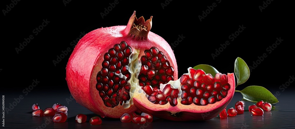Poster Red pomegranate displayed in a sectional view with copy space image.