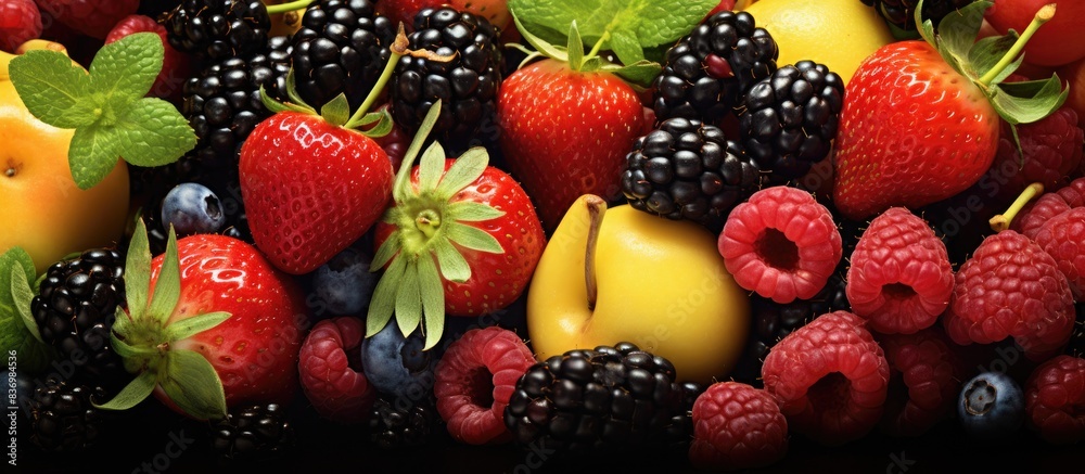 Poster Various fruits and berries are available for purchase in a market setting with a copy space image.