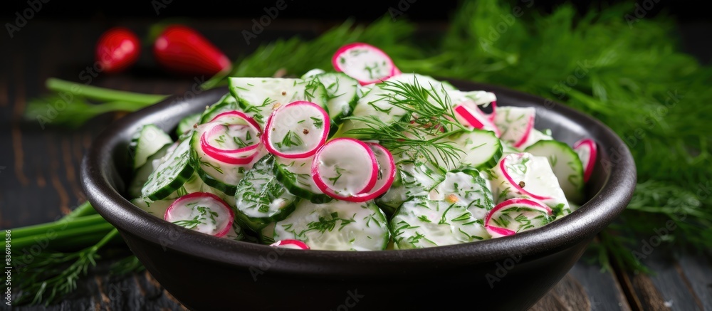 Poster Radish cucumber salad garnished with fresh dill for a refreshing copy space image.