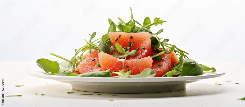Poster tasty grapefruit salad on a plate with a white background, perfect for a copy space image.