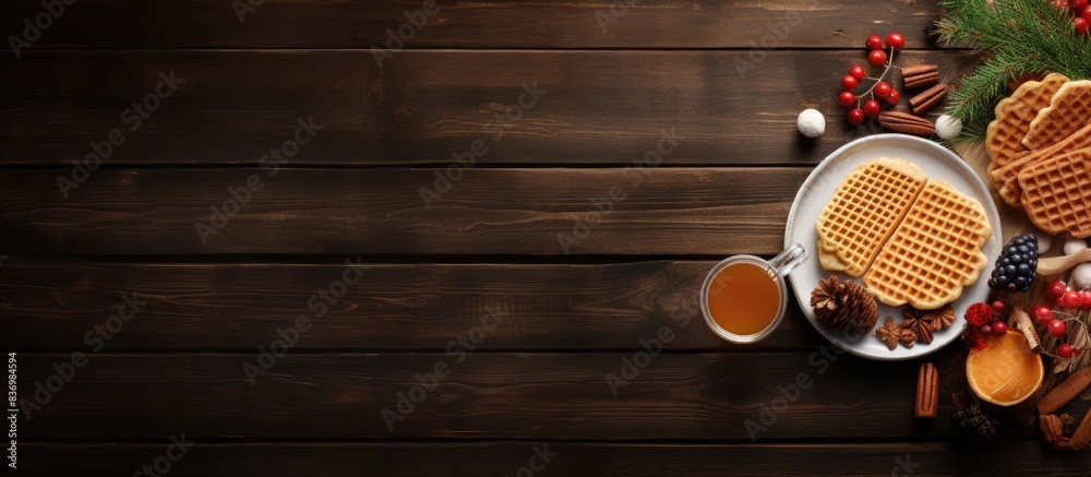 Poster preparing a festive breakfast with a wafer on a wooden backdrop, featuring copy space image.