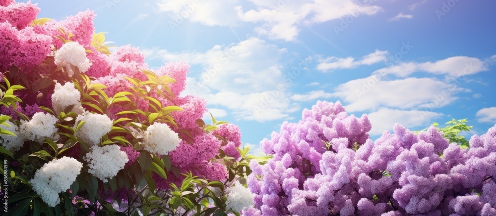 Poster in the spring garden, vibrant lilacs and white peonies resembling trees bloom beautifully under the 