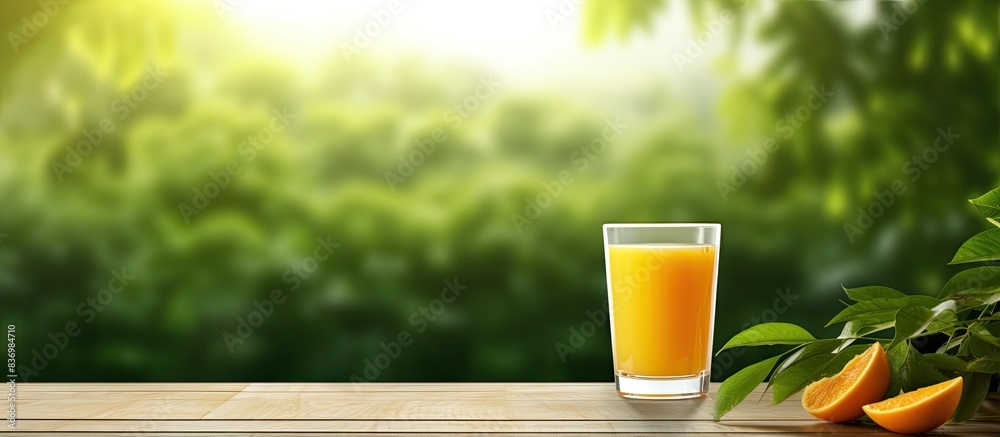 Poster a glass filled with orange juice stands on a table against a lush green backdrop with copy space ima