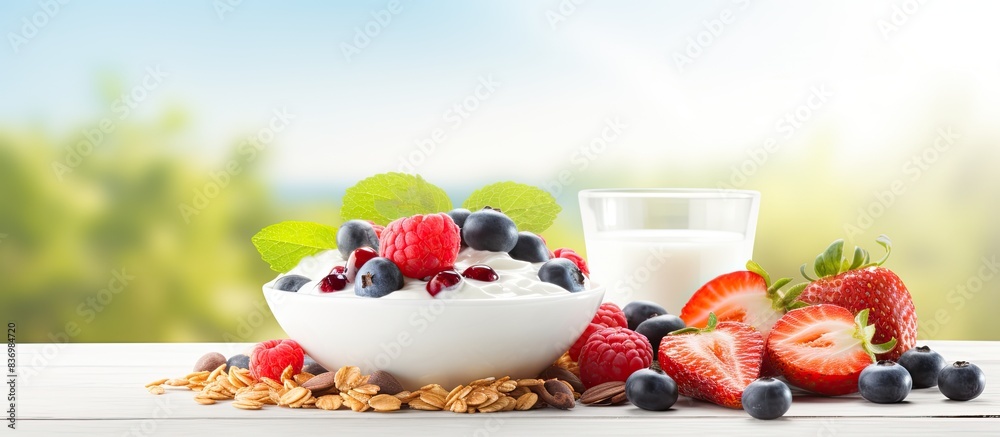Poster breakfast consisting of granola, yogurt, and fresh summer fruits presented on a plate with a blank a