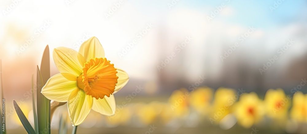 Aufkleber yellow double daffodil flower blooming against a blurry background on a sunny day, symbolizing the a