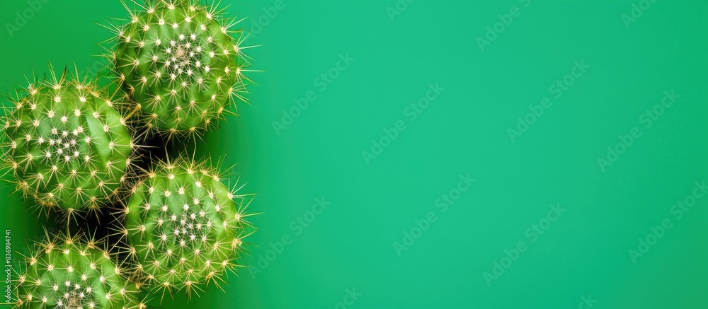 Poster Top-down perspective of two cacti on a green backdrop with ample copy space image available.
