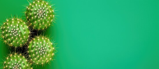 Fototapeta premium Top-down perspective of two cacti on a green backdrop with ample copy space image available.