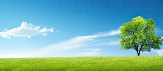 Lush green grass, flourishing trees under a clear blue sky with copy space image.