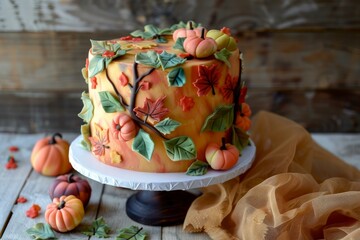 Beautifully decorated cake with autumn leaf and pumpkin details, perfect for seasonal celebrations