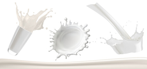 3d rendering Dynamic composition of Milk Pouring on glass splash and top view milk Splashes Set on Isolated Transparent Background, Milk Pouring with Splash Droplets PNG easy to use