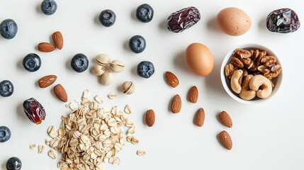 A white table with dates, blueberries, almonds, oats, cashews and eggs，food