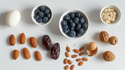 Obraz premium A white table with dates, blueberries, almonds, oats, cashews and eggs，food