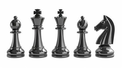 A collection of black chess pieces arranged on a white surface