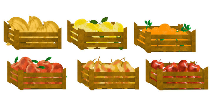 cageots caissettes fruits pomme banane p&ecirc;che citron poire cl&eacute;mentine fond transparent