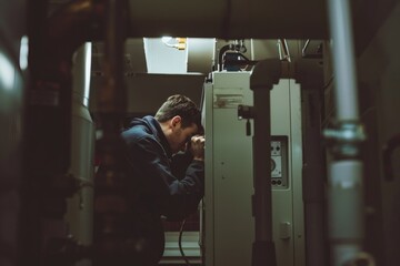 A person resting against a machine in a room, possibly tired or taking a break