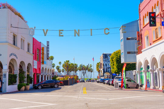 Los Angeles, California - April 3, 2024: Iconic Venice Sign Under Clear Blue Skies in Venice Beach