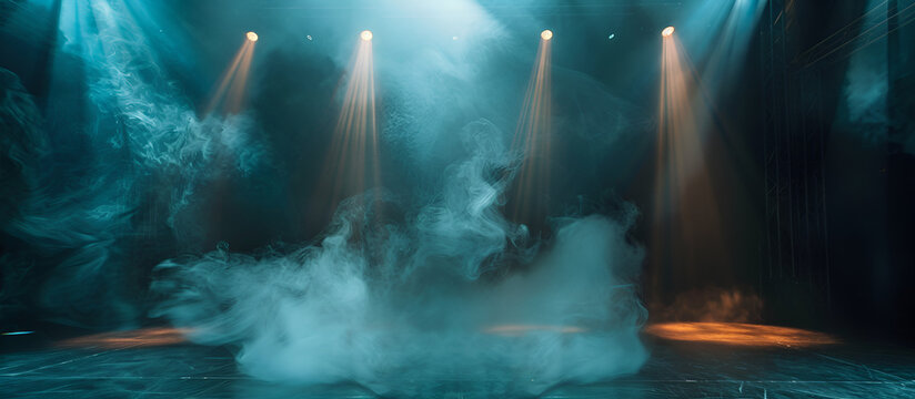 Empty stage with spotlights and smoke banner background. Stage Lights Smoke Background