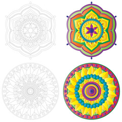 Simple Vector Mandala Designs in Black-and-White and Color for Relaxation and Creativity