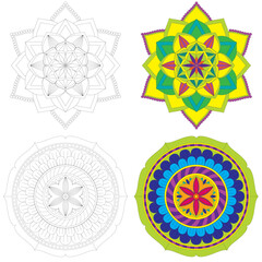 Vibrant Color and Black-and-White Vector Mandala Patterns for Coloring and Art Projects