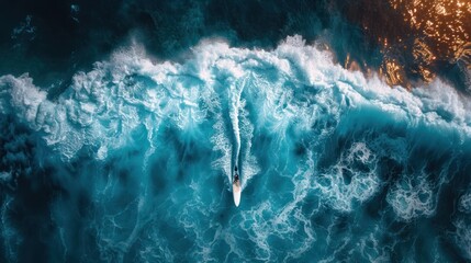 Aerial Surfing Adventure - An overhead shot of a surfer riding the waves, creating a mesmerizing trail in the turquoise ocean.