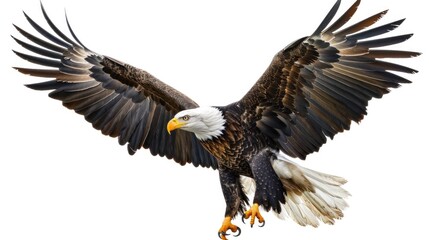 Fototapeta premium A bald eagle soaring through the air with its wings fully extended