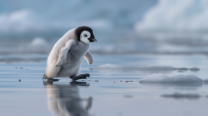 Fototapeta premium Cute Baby Penguin Walking on Ice in Cold Arctic Environment