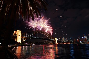 A vibrant display of fireworks illuminates the night sky over the Sydney Harbour Bridge during New Year's Eve celebrations.