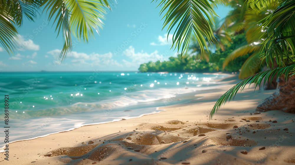 Poster a beautiful beach scene with palm trees and a clear blue ocean. scene is peaceful and relaxing. summ