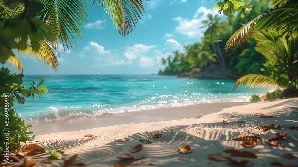 Poster a beautiful beach scene with palm trees and a clear blue ocean. scene is peaceful and relaxing. summ