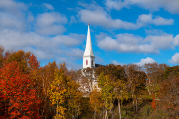 View of the St. Mary's Roman Catholic Church in the banks of the Mabour River in Nova Scotia, Canada.