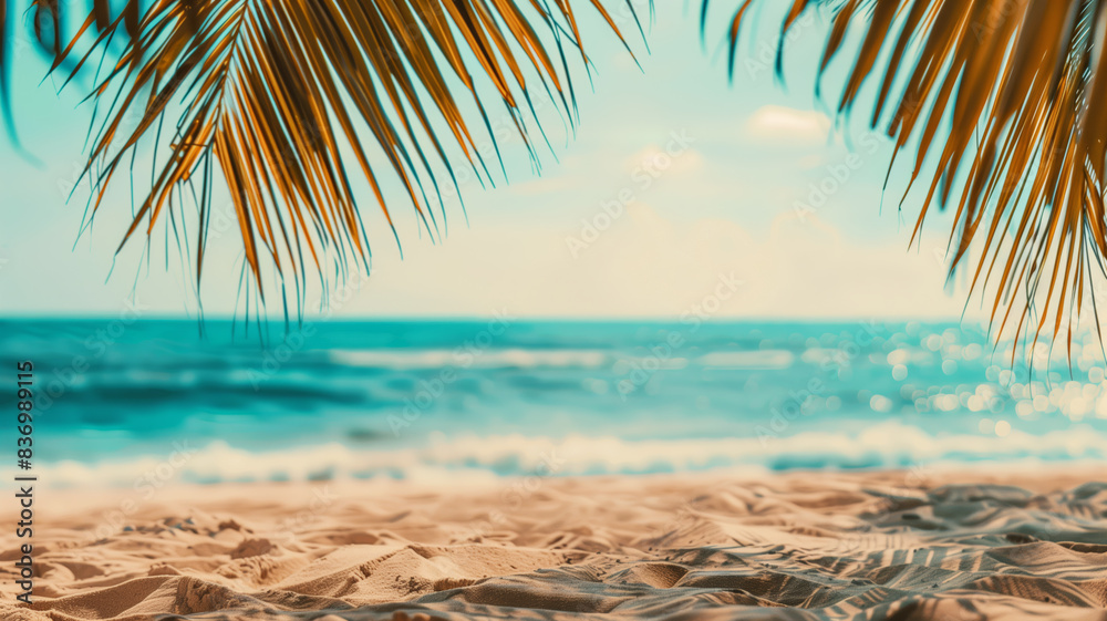 Poster a beautiful beach scene with palm trees and a clear blue ocean. scene is peaceful and relaxing. summ