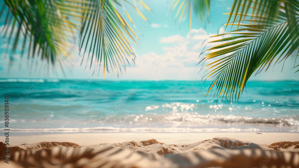 Poster a beautiful beach scene with palm trees and a clear blue ocean. scene is peaceful and relaxing. summ