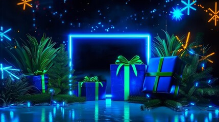 A Christmas scene with a blue box in the center and green