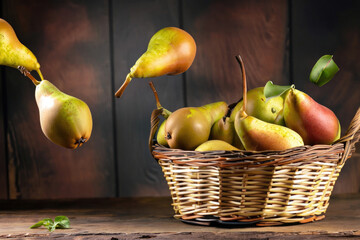pears in a basket on a table