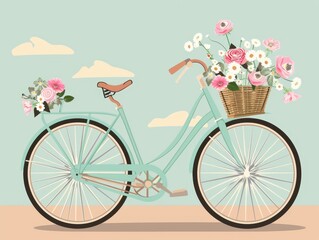 Fototapeta premium Charming Vintage Bicycle with Flowers in Basket on Pastel Background - Detailed Vector Illustration for Design Projects and Cards