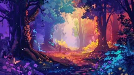 Obraz premium Enchanting Fantasy Forest Illustration with Mythical Creatures - Ideal for Storybook Themes with Copy Space